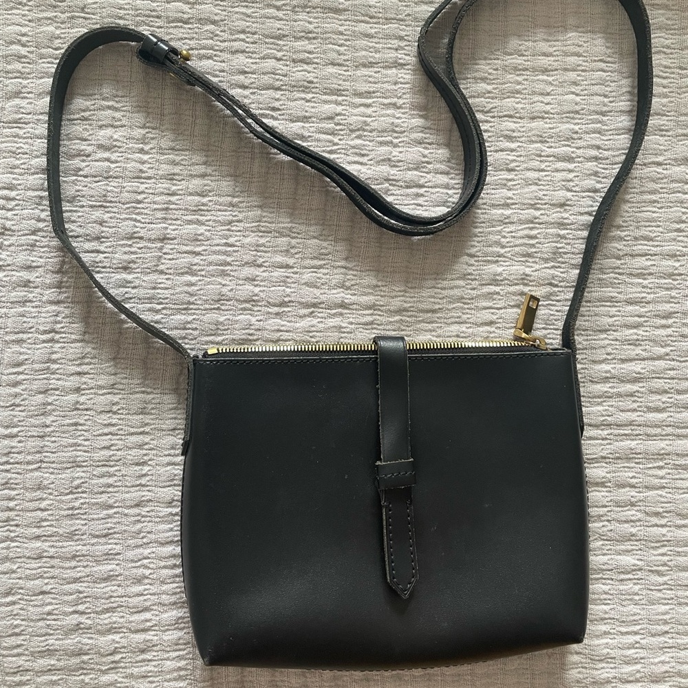 Black leather J. Crew crossbody with gold hardware